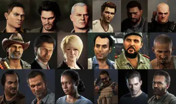 Kolaż postaci z gry Uncharted: różnorodni bohaterowie, od poszukiwaczy przygód po złoczyńców, każdy z własną historią.