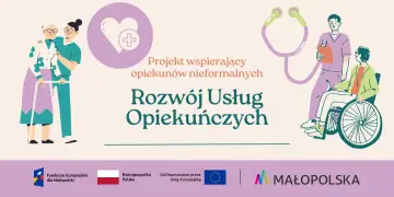 Ilustracja przedstawia wsparcie dla opiekunów nieformalnych, oferując rozwój usług opiekuńczych. Widoczni są starsi ludzie i opiekunowie, symbolizujący troskę i pomoc.