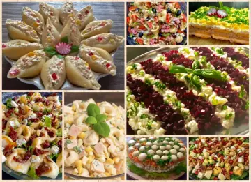 Kolaż apetycznych sałatek: muszle faszerowane, tortellini z suszonymi pomidorami, makaron z szynką i kukurydzą, warstwowa z burakami, tort z pieczarkami i sałatka z owocami. To najlepsza sałatka jaką jadłam!