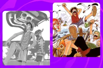 Luffy i jego załoga, gotowi na przygodę, unoszą piracką flagę. Oda stworzył dla nich niezapomniane chwile.