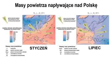 Mapy pokazujące napływ mas powietrza do Polski w styczniu i lipcu, ilustrujące zmienność klimatu w Polsce.