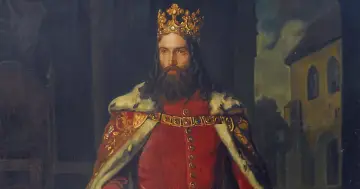 Portret króla w koronie i purpurowym płaszczu, symbolizujący dokonania Kazimierza Wielkiego.