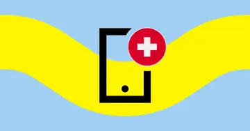 Czarny symbol telefonu z czerwonym kółkiem i białym krzyżem, na tle falujących żółto-niebieskich pasów. To jakby roaming play, gdzie technologia spotyka pomoc.