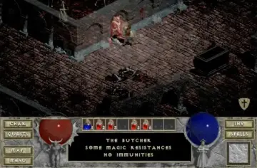 Klasyczna scena z gry RPG: bohater walczy z Rzeźnikiem. W tle mroczne lochy i skrzynia.
