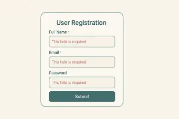 Formularz rejestracji użytkownika z polami: Imię i nazwisko, Email, Hasło. Pola wymagane, gotowe do wypełnienia w technologii html5.