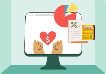 Illustration of a computer screen showing a heart with a dollar sign, hands reaching up, a pie chart, and a calculator, symbolizing pro bono accounting services for nonprofits.