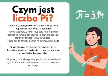 Ilustracja wyjaśnia, czym jest liczba Pi (π ≈ 3.14). Kobieta w okularach wskazuje na równanie.