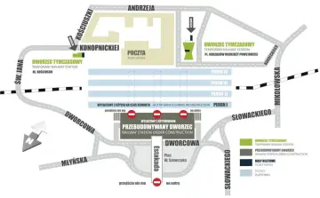 Mapa okolic placu Andrzeja w Katowicach PKP. Widać tymczasowy dworzec, przebudowywany dworzec, pocztę i perony.