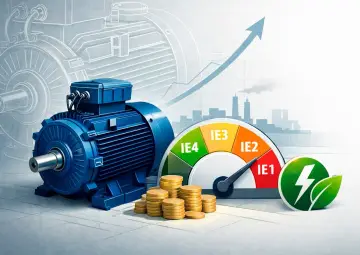 Niebieski silnik elektryczny, stos monet, wskaźnik efektywności energetycznej IE4, wykres wzrostu i ikona energii.