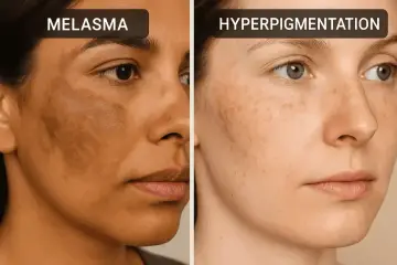 Porównanie twarzy: po lewej melasma, ciemne przebarwienia na twarzy, po prawej – drobne przebarwienia.