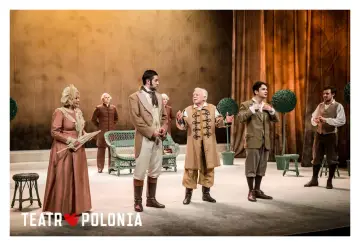 Aktorzy w strojach z epoki na scenie Teatru Polonia. Komedia Fredry "Pan" w pełnej krasie.