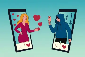 Oszust w masce ukrywa swoje zamiary, podczas gdy na ekranie telefonu wyświetlają się serduszka i dolary. To przykład catfishing.