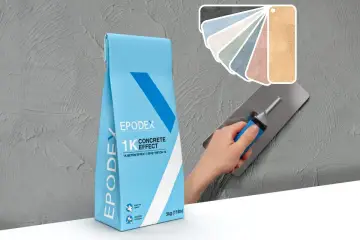 Szybko schnący beton Epodex 1K Concrete Effect w worku, próbki kolorów i kielnia. Nowoczesne wzornictwo i łatwa aplikacja.