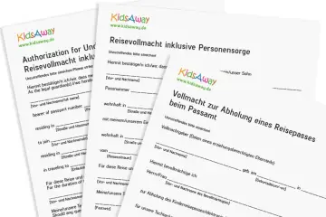 Mehrere Formulare von KidsAway, darunter eine Reisevollmacht für Kinder und eine Vollmacht zur Abholung eines Reisepasses.