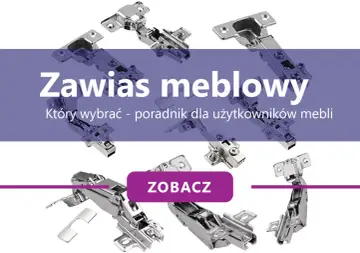 Różne rodzaje zawiasów meblowych, od prostych po te z amortyzacją, pokazane na tle poradnika.