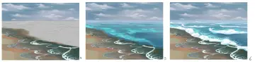 Secuencia de imágenes que muestran cómo dibujar agua, desde un boceto inicial hasta olas detalladas rompiendo en la playa.