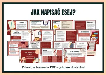 Grafika z hasłem "Jak napisać esej?". Zawiera 15 kart PDF z poradami, jak pisać eseje, krok po kroku.