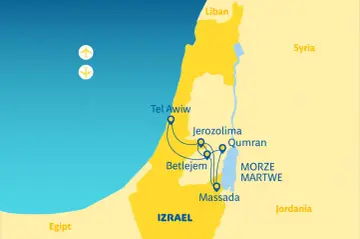 Mapa pokazuje trasę podróży po Izraelu, obejmującą Tel Awiw, Jerozolimę, Betlejem, Qumran i Masadę nad Morzem Martwym.