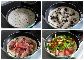 Przygotowanie piadiny: placek na patelni, dodatek sera i oliwek, szynka, a na koniec świeże warzywa.