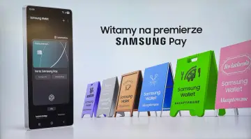 Na premierze Samsung Pay zobaczysz telefon z kartą Samsung Pay i tabliczki informujące o akceptacji płatności w różnych miejscach.