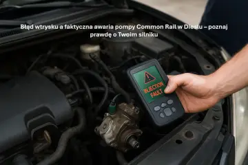 Ręka trzyma tester diagnostyczny z komunikatem "INJECTION FAULT" na tle silnika Diesla z widoczną pompą Common Rail.