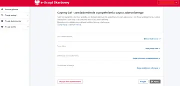 Formularz "Czynny żal - zawiadomienie o popełnieniu czynu zabronionego" w e-Urzędzie Skarbowym. Możesz tu złożyć zawiadomienie, jak napisać czynny żal do urzędu skarbowego.