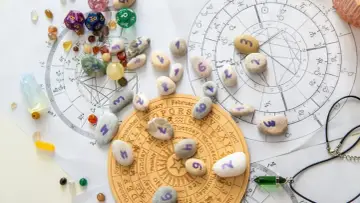 Kamienie z numerami, kostki do gry i talizmany na tle wykresów astrologicznych. Wibracja dnia 5 jest widoczna na jednym z kamieni.