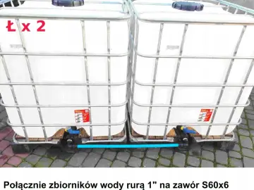 Dwa mauzery połączone rurą 1" na zawór S60x6. Pokazuje, jak połączyć dwa mauzery, tworząc system magazynowania wody.