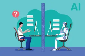 Człowiek i robot prowadzą rozmowę przez komputery, próbując przejść test Turinga.