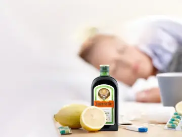 Butelka Jägermeistera, cytryny i leki sugerują, że szukamy jagermeister właściwości lecznicze.