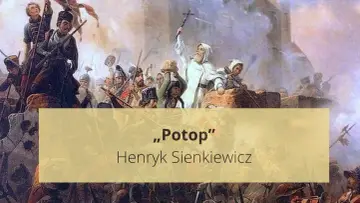 Obraz przedstawia scenę bitwy, nawiązującą do "Potopu" Henryka Sienkiewicza. Widać żołnierzy w historycznych strojach, broń i dym.