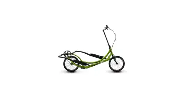 A green elliptical bike with the brand name "ELLIPTIGO" visible. It has two wheels and foot pedals.