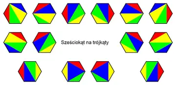 Wzorzyste sześciokąty podzielone na kolorowe trójkąty. Różne kombinacje brył geometrycznych.