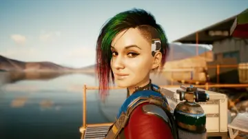 Dziewczyna z kolorowymi włosami i cybernetycznym implantem, gotowa na przygodę. Może to początek jej cyberpunk romansu?