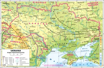 Mapa pokazuje z jakimi krajami graniczy Ukraina: Polska, Słowacja, Węgry, Rumunia, Mołdawia, Białoruś i Rosja.