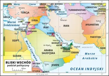 Mapa polityczna Bliskiego Wschodu z zaznaczonymi krajami jak Turcja, Syria, Irak, Arabia Saudyjska, Iran, Egipt i inne.