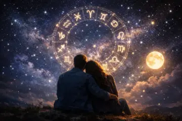 Para zakochanych patrzy na koło zodiaku, gdzie widnieją symbole Raka i Wagi. Księżyc i gwiazdy tworzą magiczną atmosferę.