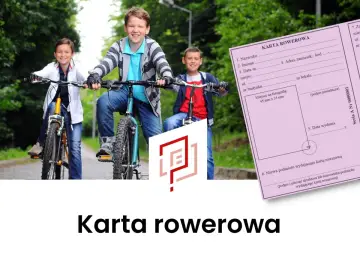 Trzech uśmiechniętych chłopców na rowerach. Obok różowa karta rowerowa, na której widnieje pole "Nazwa podmiotu wydającego kartę rowerową".