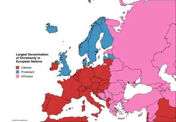 Mapa Europy pokazująca dominujące wyznania chrześcijańskie: katolicyzm (czerwony), protestantyzm (niebieski) i prawosławie (różowy). Widoczny jest historyczny rozłam w kościele.