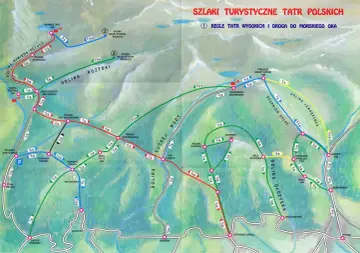 Mapa szlaków turystycznych w Tatrach Wysokich. Kolorowe linie pokazują trasy z czasem przejścia, łączące Morskie Oko, Dolinę Roztoki, Dolinę Jaworzynkę i inne punkty.