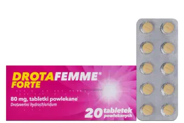 Drotafemme Forte na co pomaga? Opakowanie leku z 20 tabletkami powlekanymi, zawierającymi drotaweryny chlorowodorek.