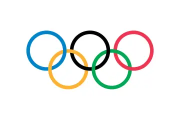 Pięć przeplatających się kół olimpijskich: niebieskie, żółte, czarne, zielone i czerwone, symbolizujące jedność i sportową rywalizację.