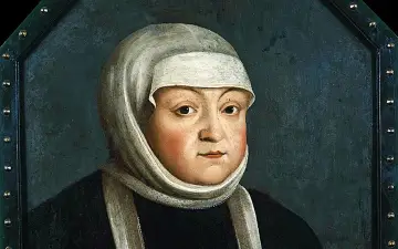 Portret królowej Bony w białym czepcu i czarnej sukni.