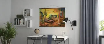 Tableau Route 66 : une scène désertique avec une vieille voiture rouillée, une pompe à essence vintage et un crâne de bœuf. L'aigle veille sur ce paysage emblématique.