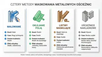 Cztery metody maskowania ościeżnic: malowanie, oklejanie folią, listwy maskujące i nakładki.