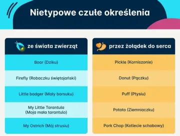 Nietypowe przezwiska dla dziewczyny: "Robaczku świętojański", "Mały borsuku", "Korniszonie", "Pączku", "Ptysiu", "Ziemniaczku".