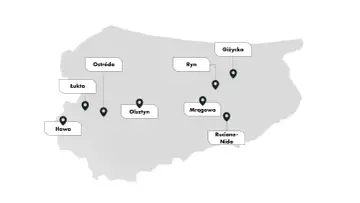 Mapa z zaznaczonymi mazury miasta: Ostróda, Łukta, Iława, Olsztyn, Ryn, Giżycko, Mrągowo, Ruciane-Nida.
