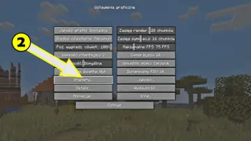 Menu ustawień graficznych gry, gdzie zaznaczono opcję "Shadery...".