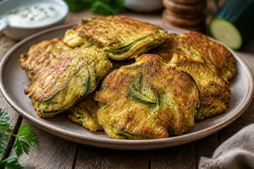 Goldbraune zucchini puffer auf einem Teller, mit Kräutern und einem Dip im Hintergrund.