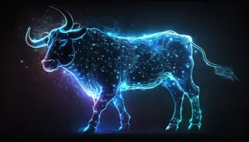 Galaktyczny Byk, 20 kwietnia znak zodiaku, emanuje neonowym blaskiem na tle kosmicznej mgławicy.